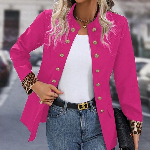 Hot Pink Casual Women's Double Breasted Cinching Waist Blazer - Picture 5 of 5